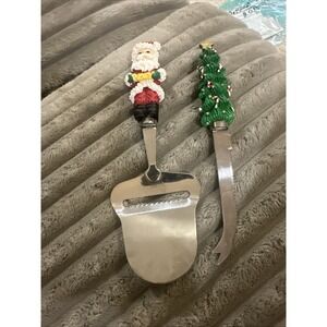 Vintage Santa Christmas Tree STAINLESS KNIFE & CHEESE SLICER Boston Warehouse